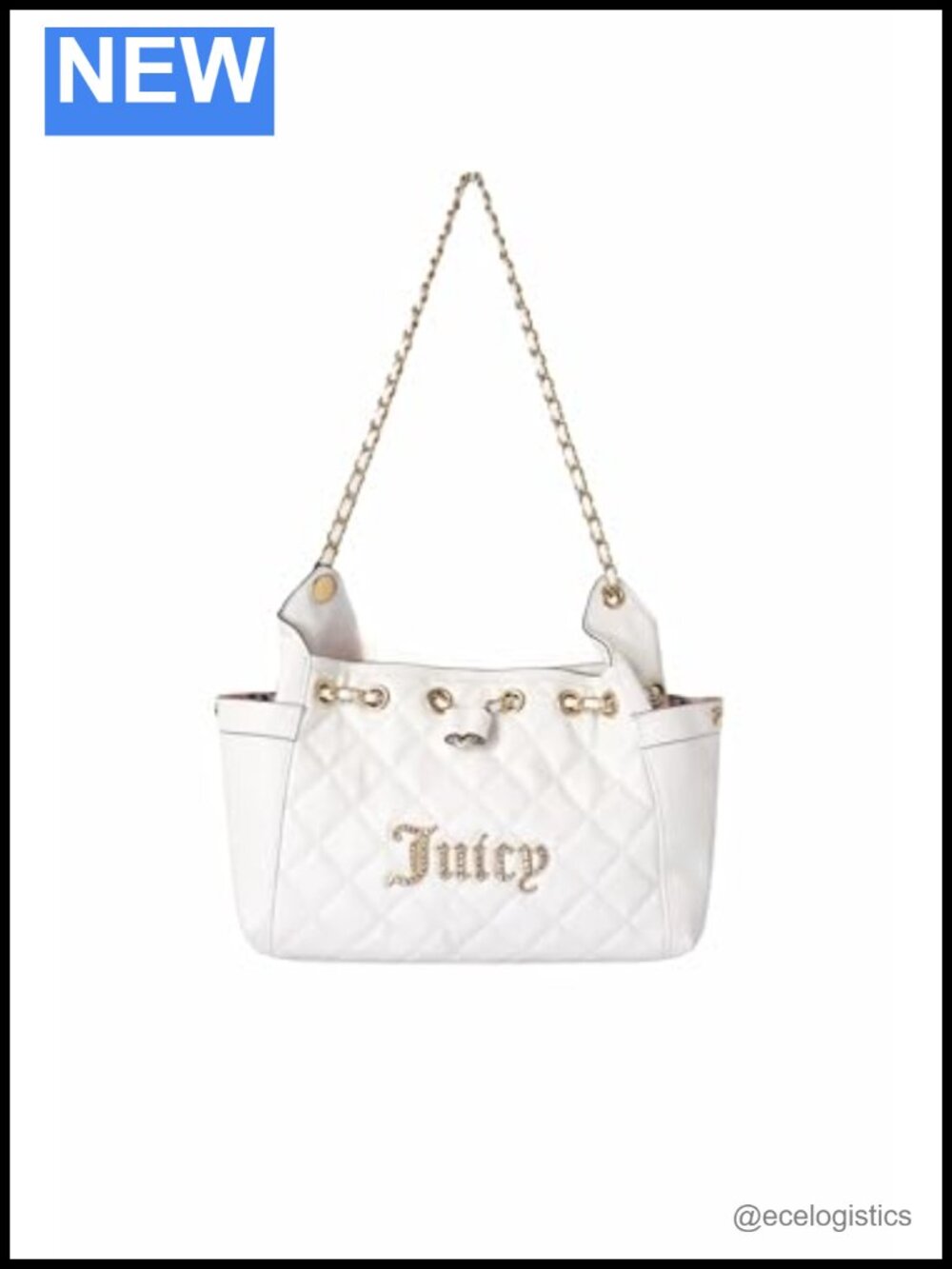 Quilted Chain Strap Shoulder Bag with Rhinestone Logo and Gold Hardware